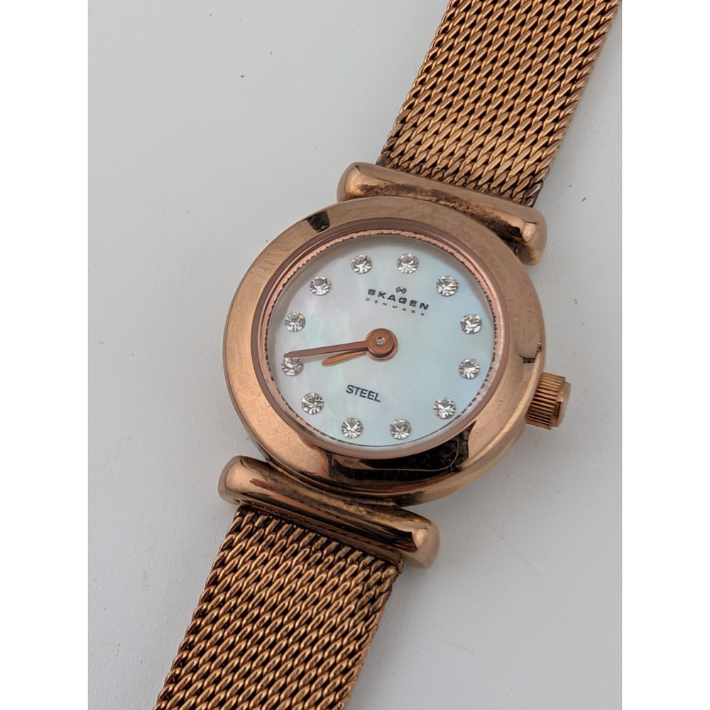 Skagen Steel Watch Women 18mm Case MOP Dial Rose Gold Mesh Metal Band- Working